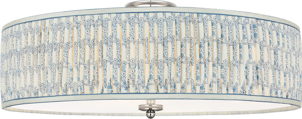 Cheever 26" Flush Mount in Polished Nickel with Schumacher Blue Aditi Pleated Shade