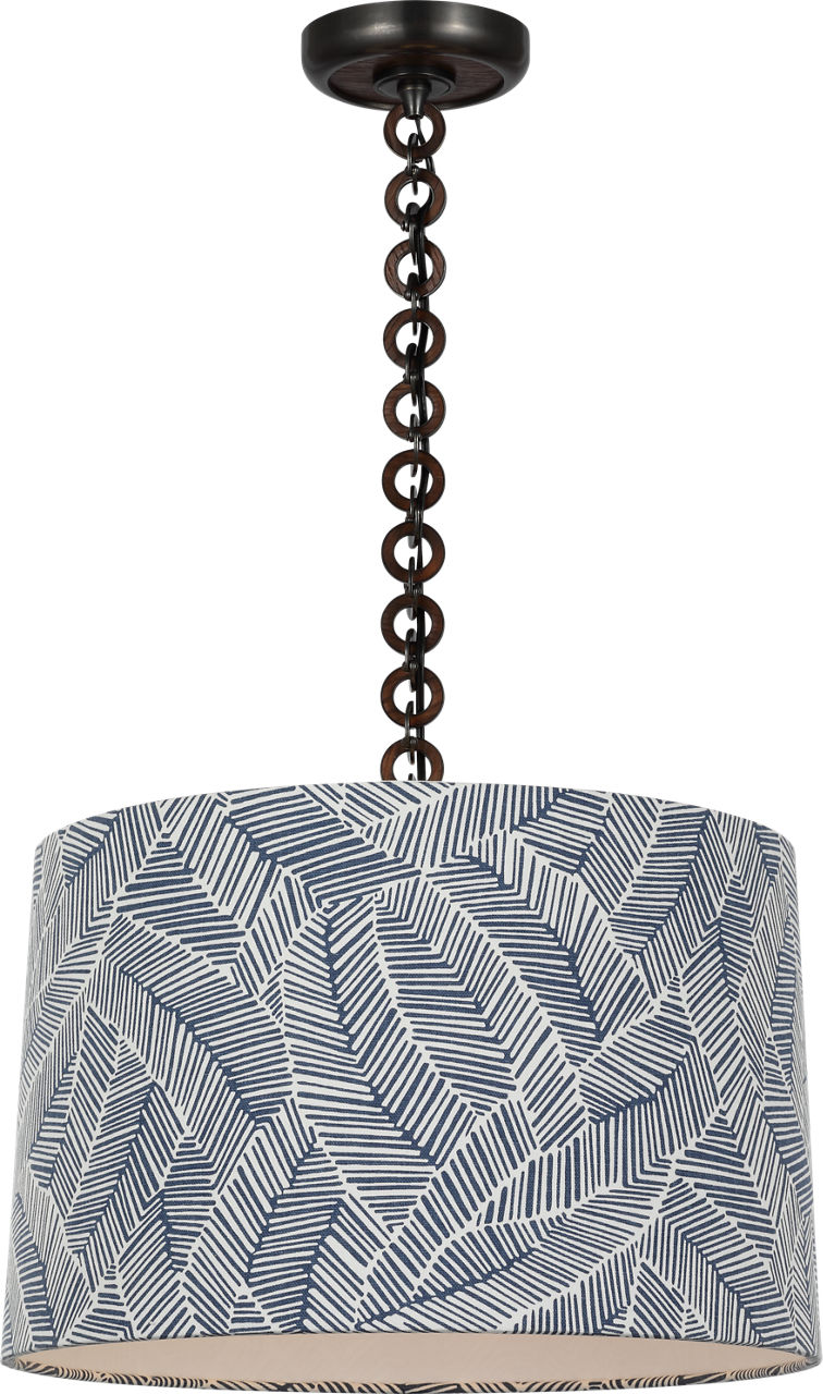 Evelyn 19" Hanging Shade in Bronze and Natural Oak with Schumacher Navy Abstract Leaf Shade
