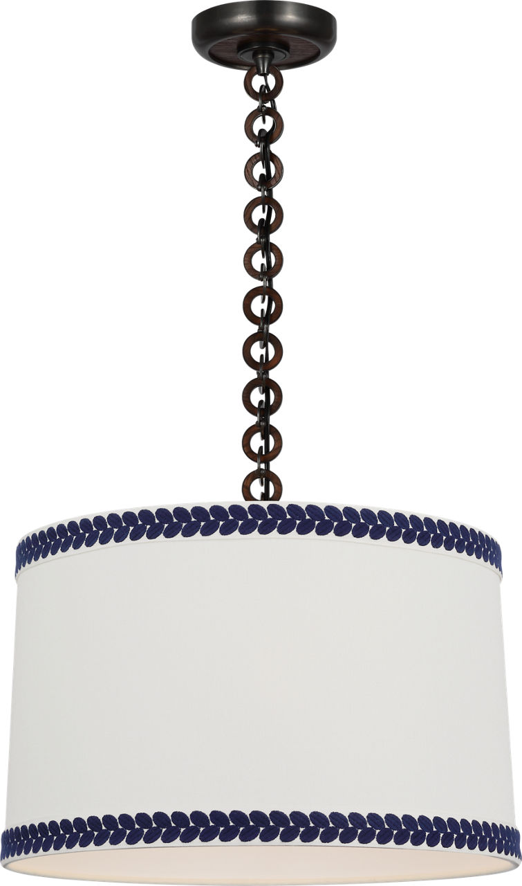 Evelyn 19" Hanging Shade in Bronze and Natural Oak with Linen Shade and Schumacher Blue Berkeley Tape