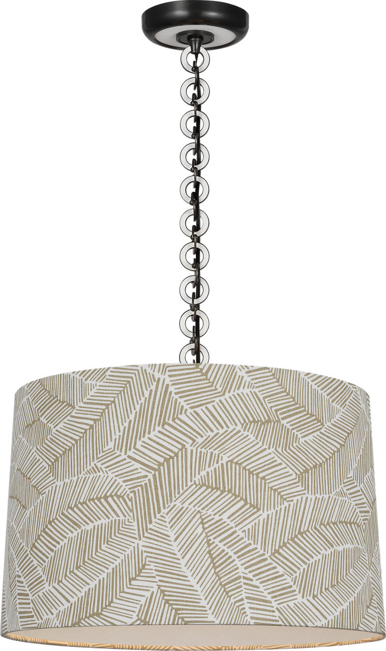 Evelyn 19" Hanging Shade in Bronze and White Oak with Schumacher Taupe Abstract Leaf Shade