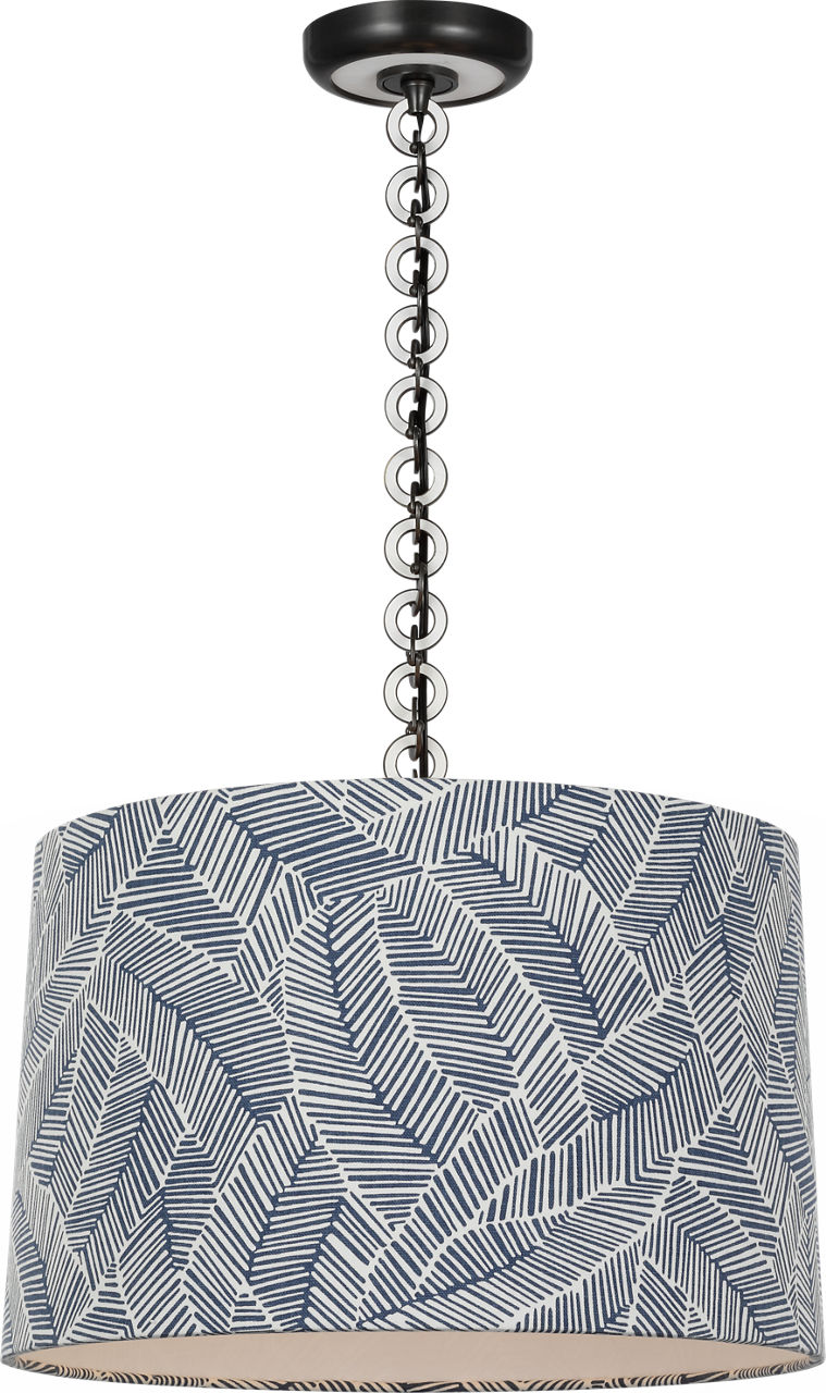 Evelyn 19" Hanging Shade in Bronze and White Oak with Schumacher Navy Abstract Leaf Shade