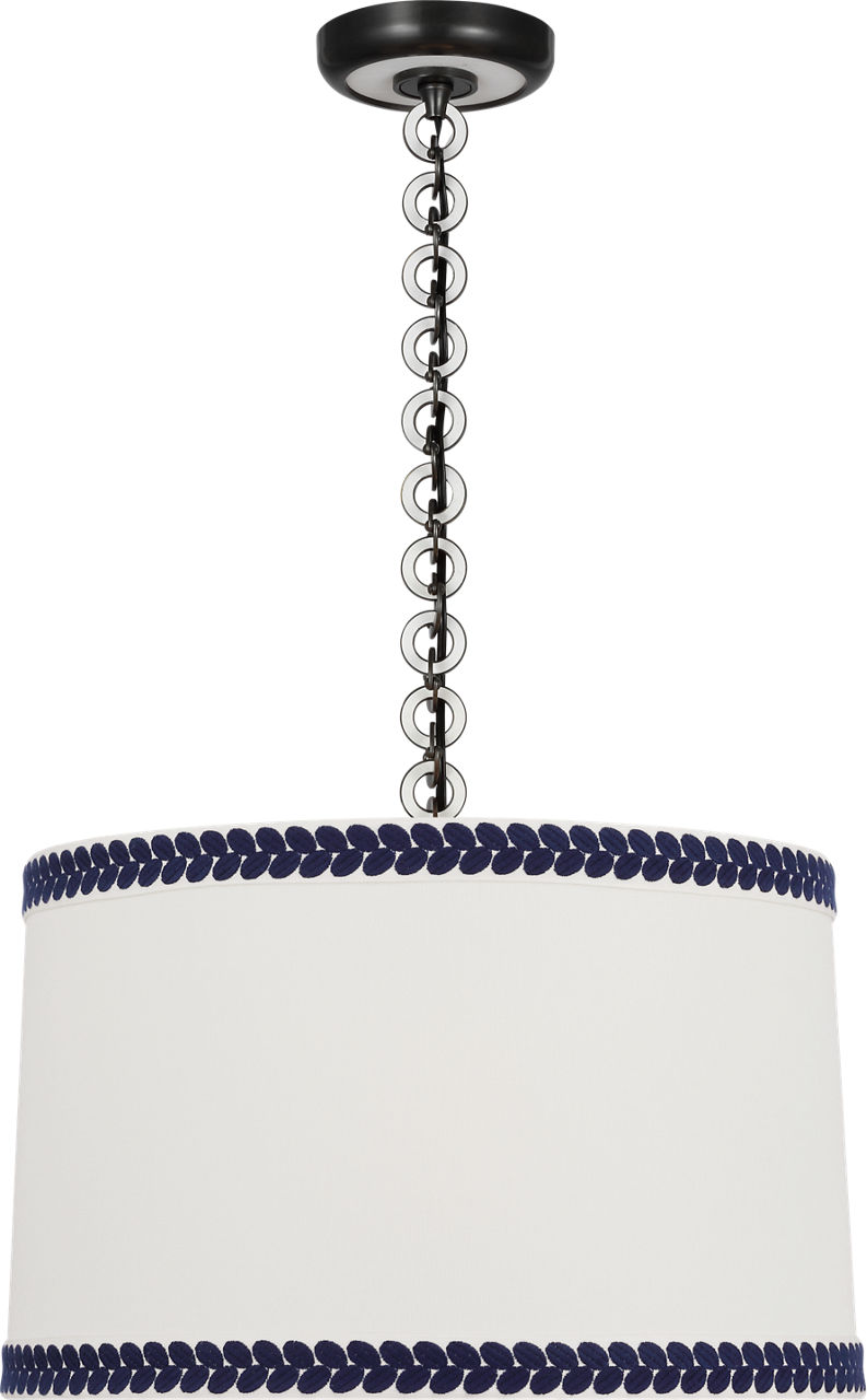 Evelyn 19" Hanging Shade in Bronze and White Oak with Linen Shade and Schumacher Blue Berkeley Tape