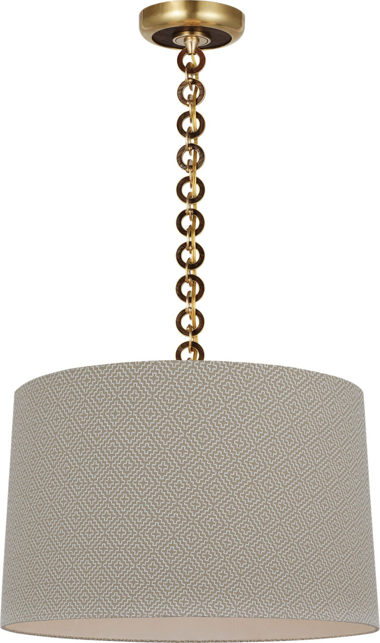 Evelyn 19" Hanging Shade in Hand-Rubbed Antique Brass and Natural Oak with Schumacher Dove Soho Weave Shade