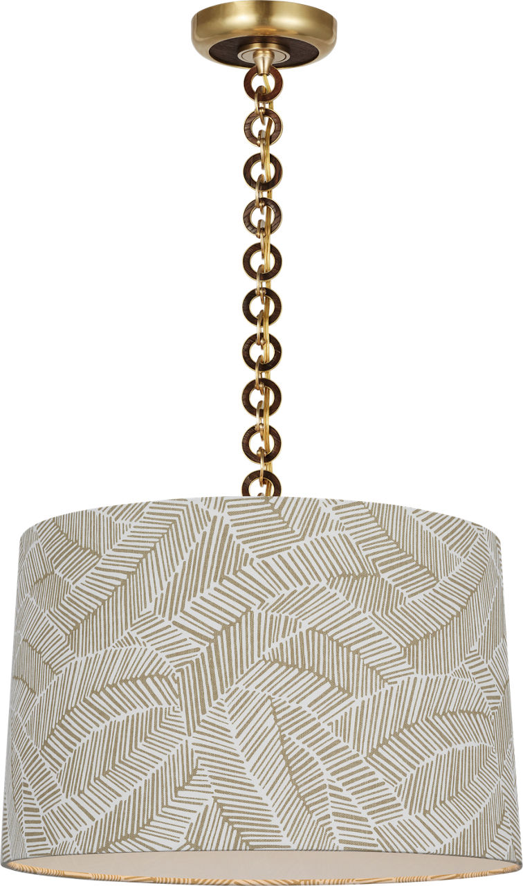 Evelyn 19" Hanging Shade in Hand-Rubbed Antique Brass and Natural Oak with Schumacher Taupe Abstract Leaf Shade