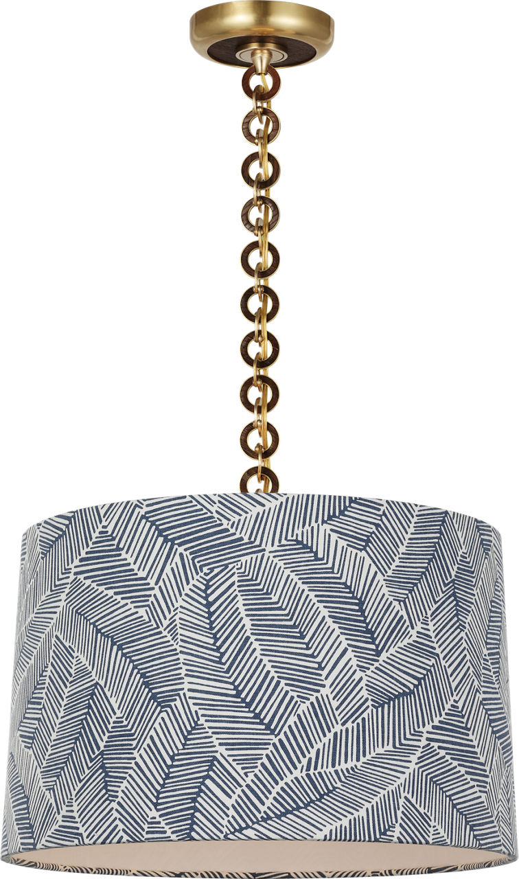Evelyn 19" Hanging Shade in Hand-Rubbed Antique Brass and Natural Oak with Schumacher Navy Abstract Leaf Shade