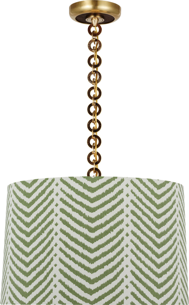 Evelyn 19" Hanging Shade in Hand-Rubbed Antique Brass and Natural Oak with Schumacher Verde La Jolla Shade