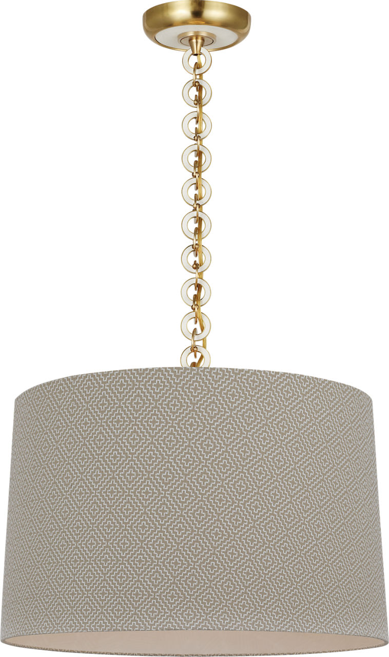 Evelyn 19" Hanging Shade in Hand-Rubbed Antique Brass and White Oak with Schumacher Dove Soho Weave Shade
