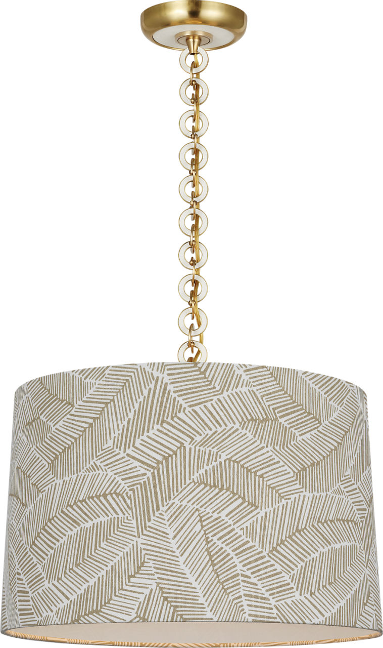 Evelyn 19" Hanging Shade in Hand-Rubbed Antique Brass and White Oak with Schumacher Taupe Abstract Leaf Shade