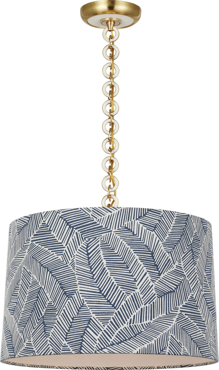 Evelyn 19" Hanging Shade in Hand-Rubbed Antique Brass and White Oak with Schumacher Navy Abstract Leaf Shade