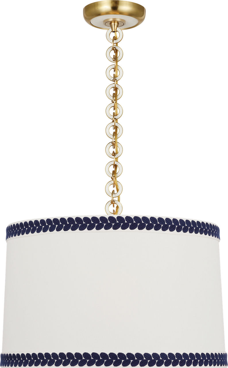 Evelyn 19" Hanging Shade in Hand-Rubbed Antique Brass and White Oak with Linen Shade and Schumacher Blue Berkeley Tape