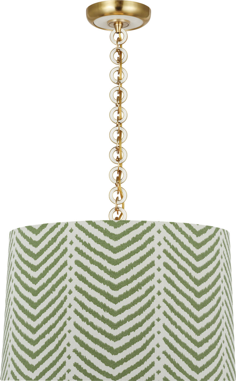 Evelyn 19" Hanging Shade in Hand-Rubbed Antique Brass and White Oak with Schumacher Verde La Jolla Shade