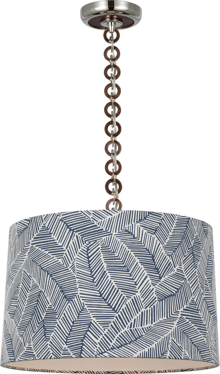 Evelyn 19" Hanging Shade in Polished Nickel and Natural Oak with Schumacher Navy Abstract Leaf Shade