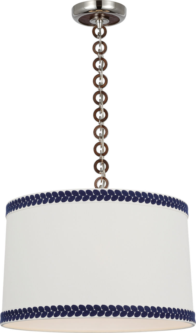 Evelyn 19" Hanging Shade in Polished Nickel and Natural Oak with Linen Shade and Schumacher Blue Berkeley Tape