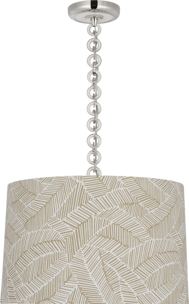 Evelyn 19" Hanging Shade in Polished Nickel and White Oak with Schumacher Taupe Abstract Leaf Shade