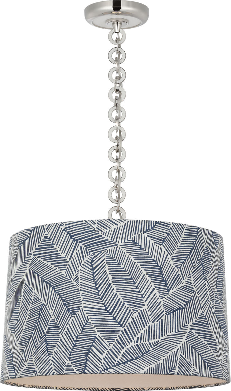 Evelyn 19" Hanging Shade in Polished Nickel and White Oak with Schumacher Navy Abstract Leaf Shade