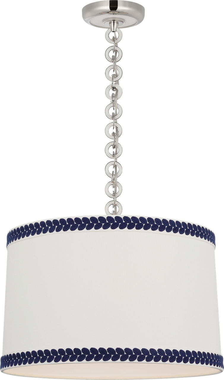 Evelyn 19" Hanging Shade in Polished Nickel and White Oak with Linen Shade and Schumacher Blue Berkeley Tape