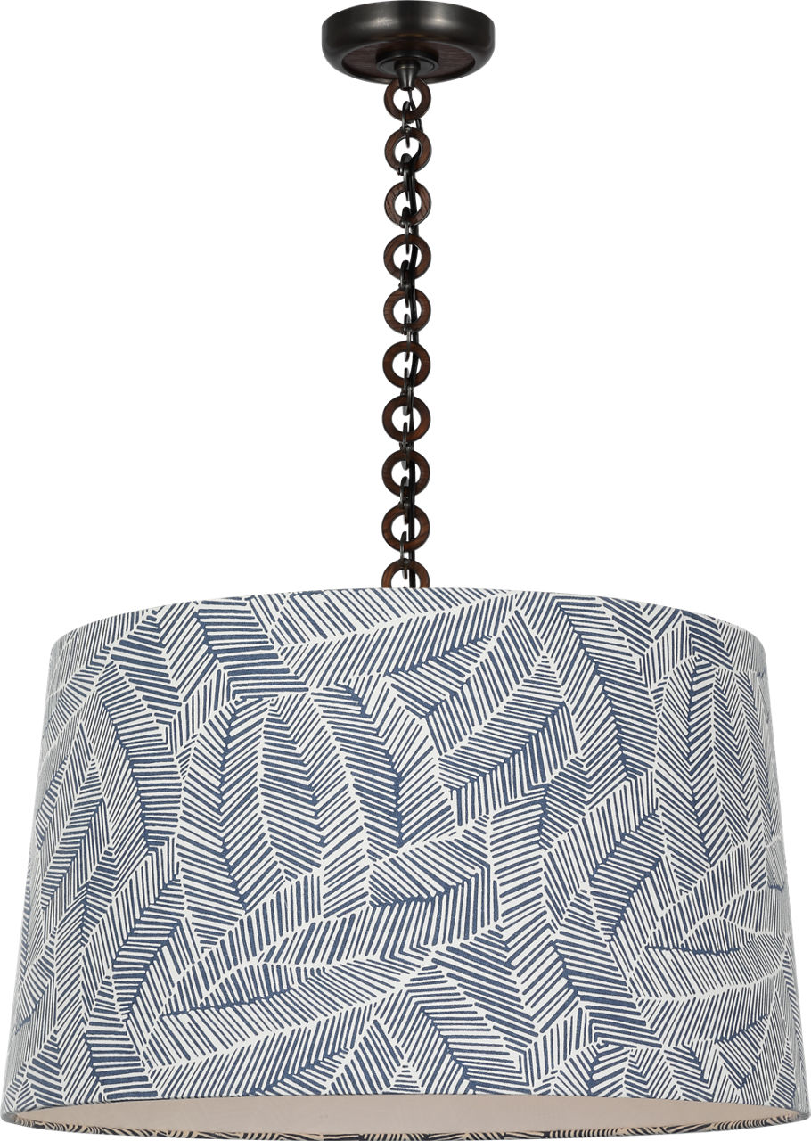 Evelyn 25" Hanging Shade in Bronze and Natural Oak with Schumacher Navy Abstract Leaf Shade