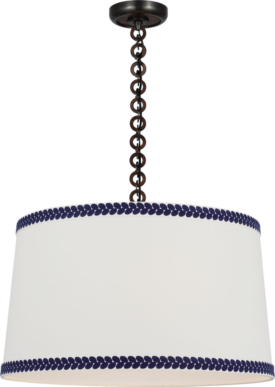 Evelyn 25" Hanging Shade in Bronze and Natural Oak with Linen Shade and Schumacher Blue Berkeley Tape