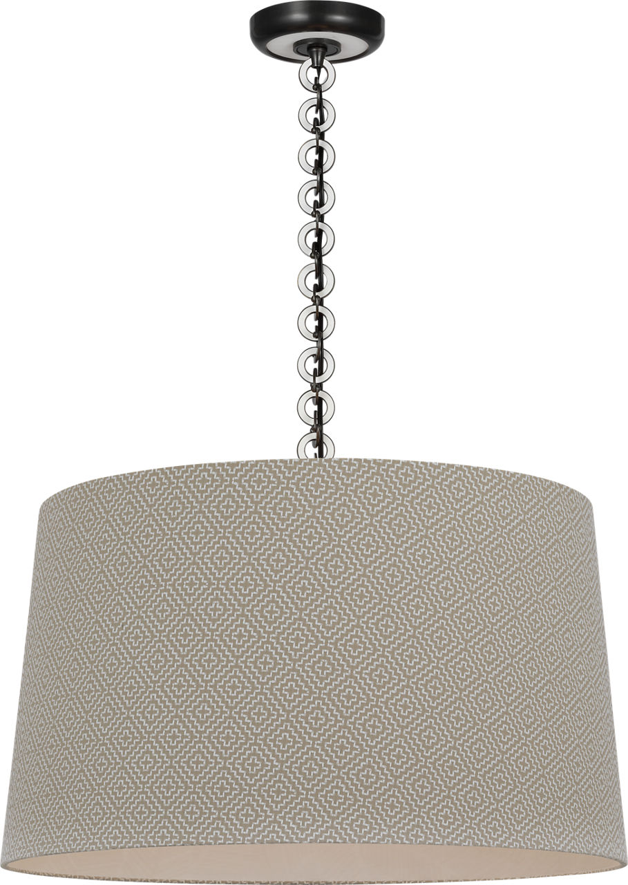Evelyn 25" Hanging Shade in Bronze and White Oak with Schumacher Dove Soho Weave Shade