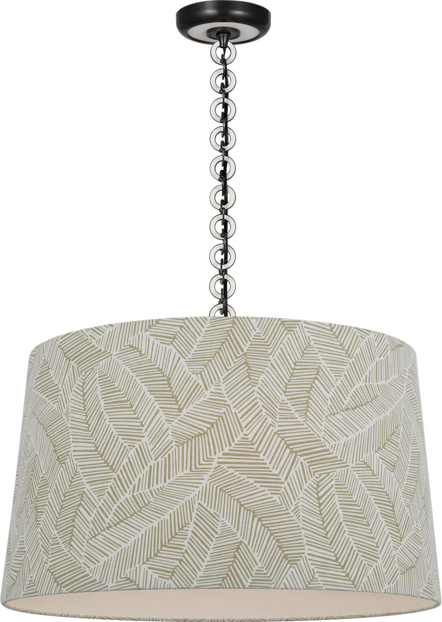 Evelyn 25" Hanging Shade in Bronze and White Oak with Schumacher Taupe Abstract Leaf Shade