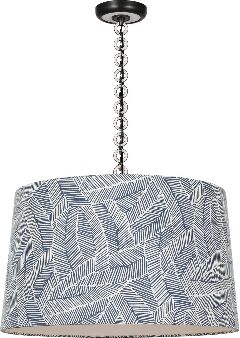 Evelyn 25" Hanging Shade in Bronze and White Oak with Schumacher Navy Abstract Leaf Shade