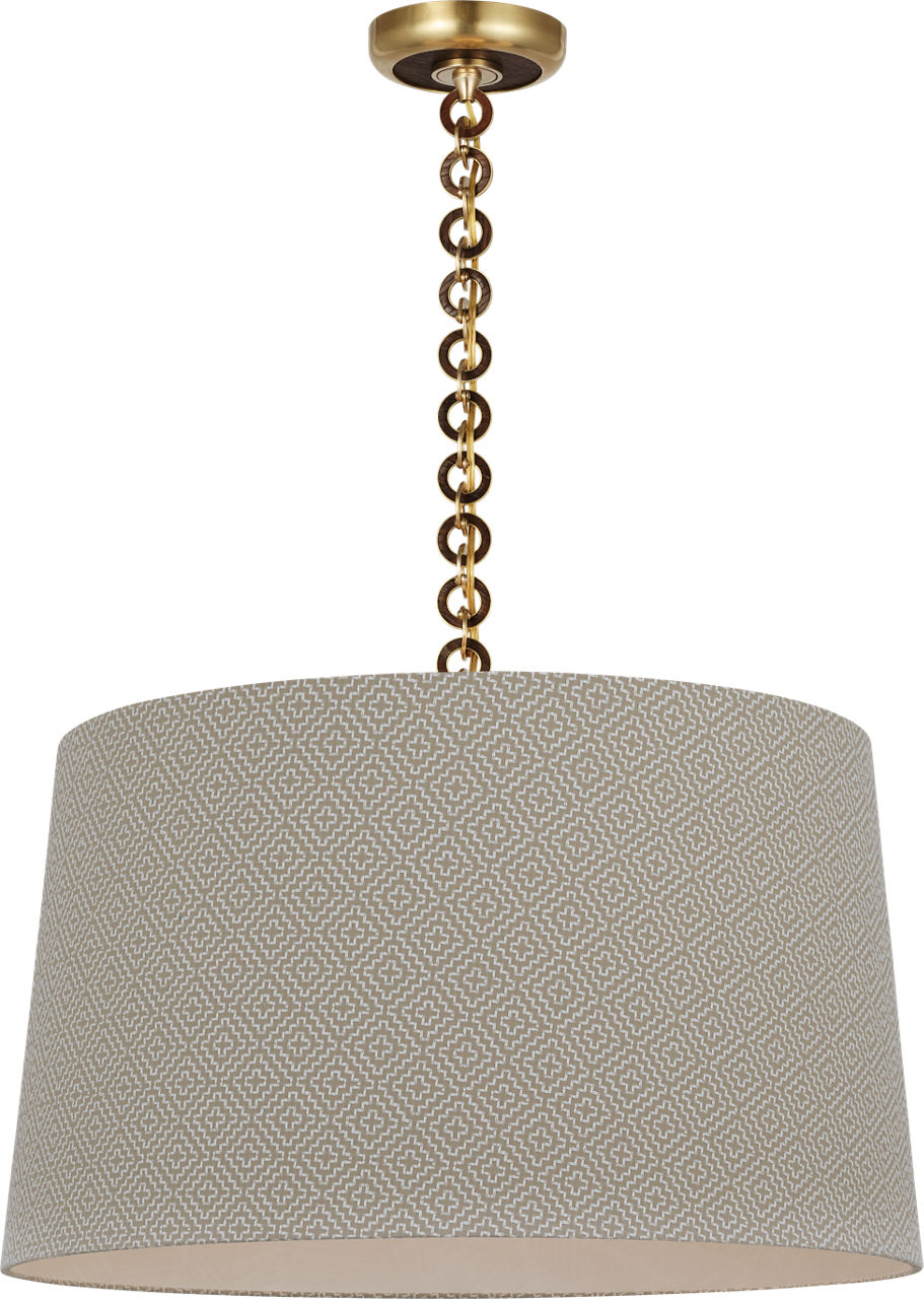 Evelyn 25" Hanging Shade in Hand-Rubbed Antique Brass and Natural Oak with Schumacher Dove Soho Weave Shade