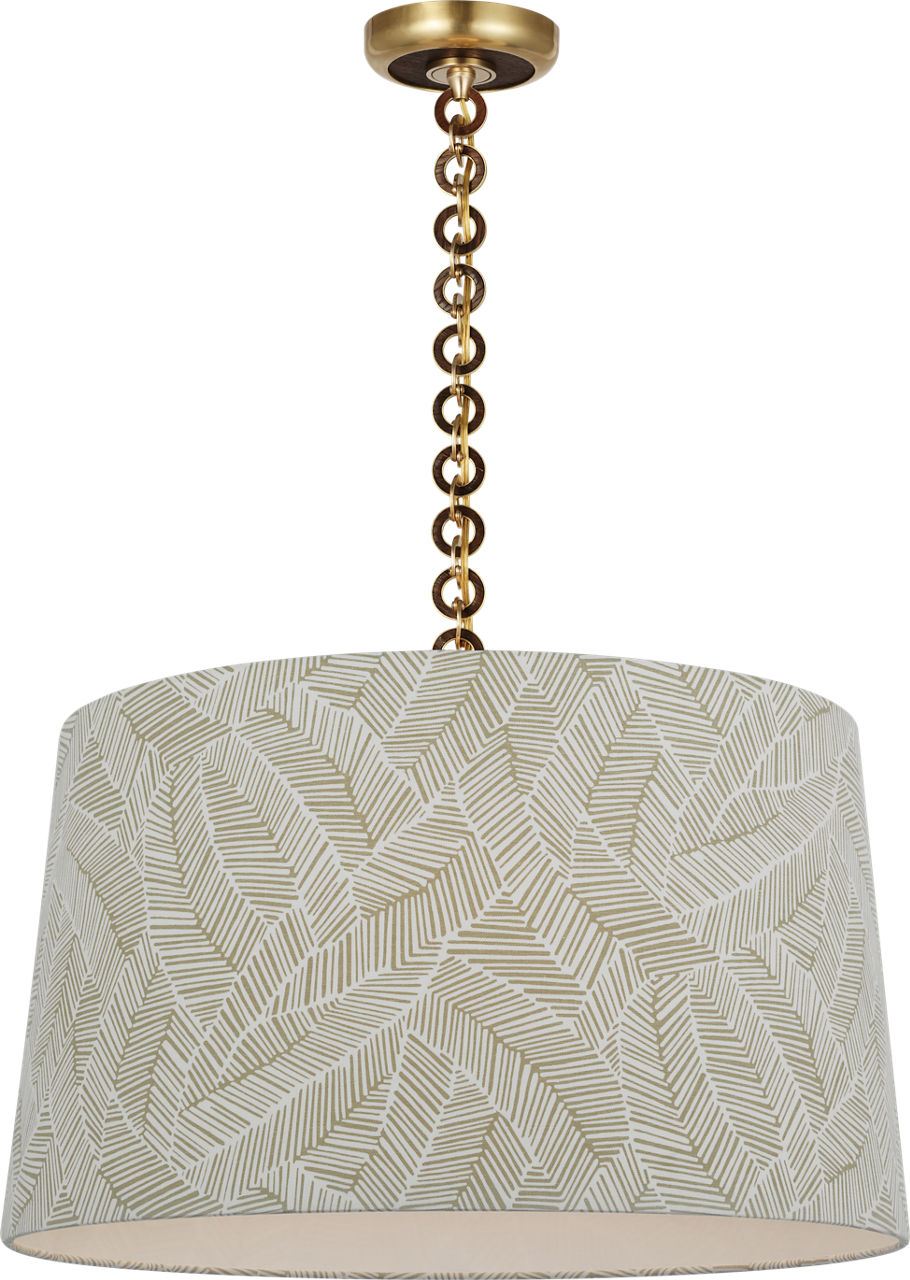 Evelyn 25" Hanging Shade in Hand-Rubbed Antique Brass and Natural Oak with Schumacher Taupe Abstract Leaf Shade
