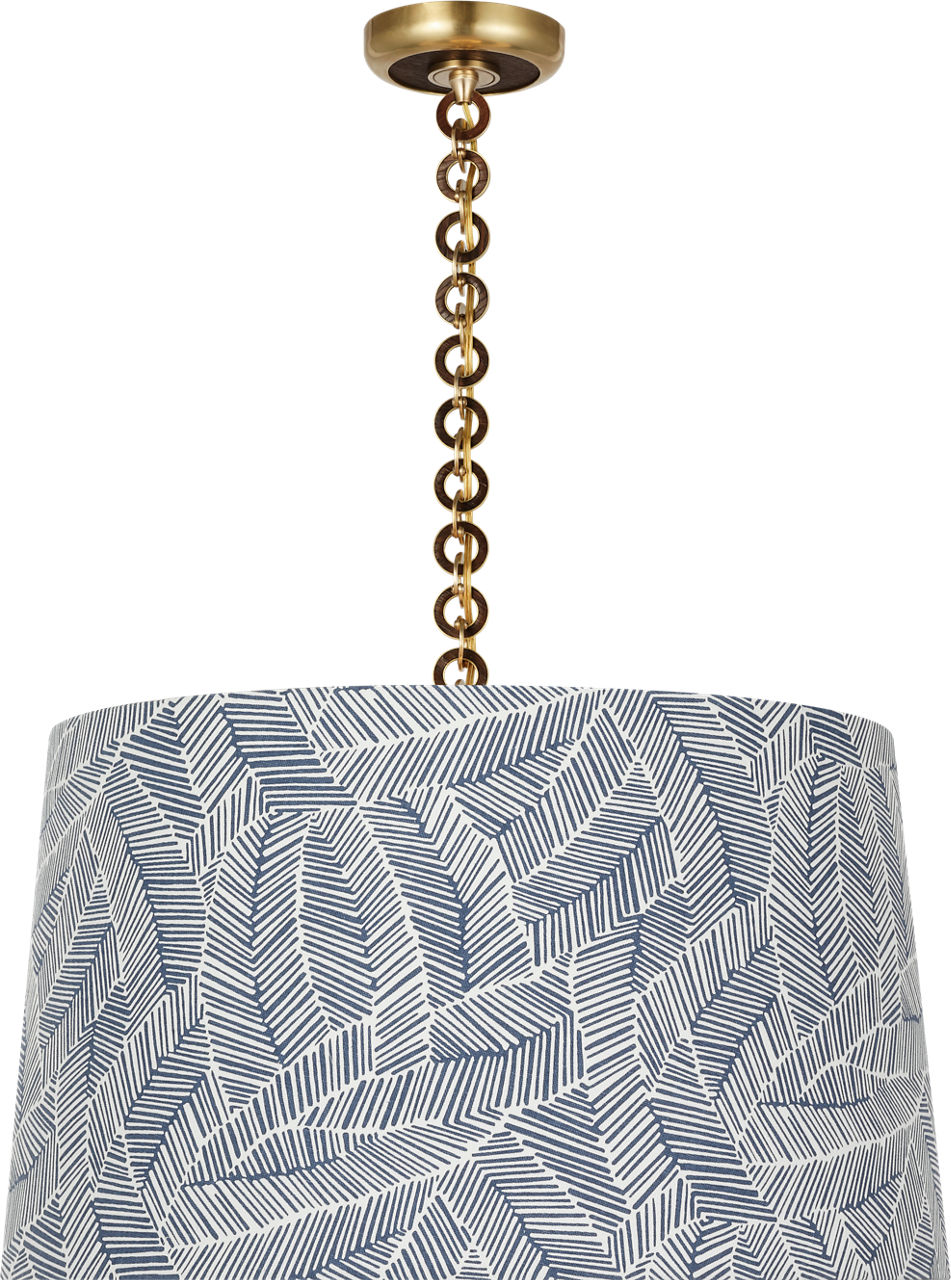 Evelyn 25" Hanging Shade in Hand-Rubbed Antique Brass and Natural Oak with Schumacher Navy Abstract Leaf Shade