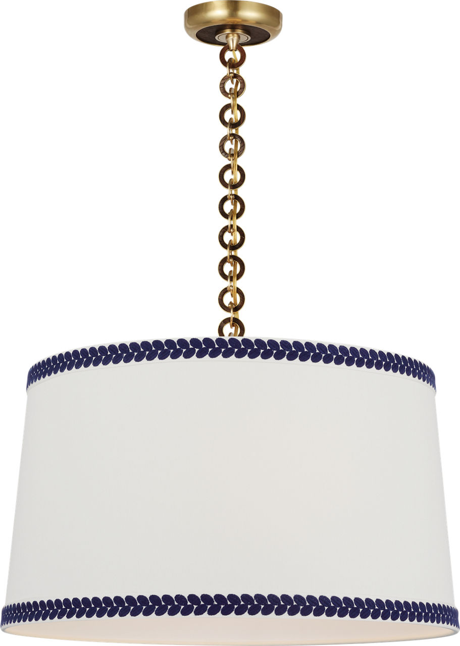 Evelyn 25" Hanging Shade in Hand-Rubbed Antique Brass and Natural Oak with Linen Shade and Schumacher Blue Berkeley Tape