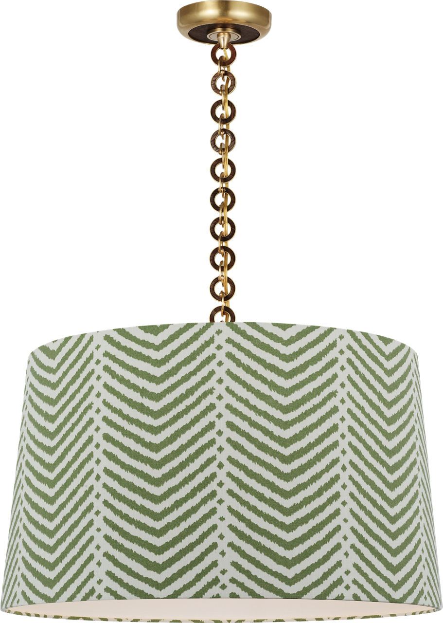 Evelyn 25" Hanging Shade in Hand-Rubbed Antique Brass and Natural Oak with Schumacher Verde La Jolla Shade