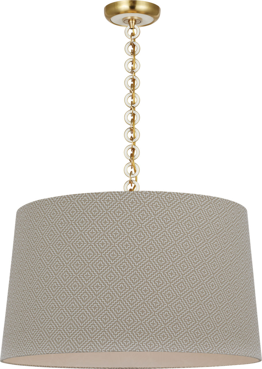 Evelyn 25" Hanging Shade in Hand-Rubbed Antique Brass and White Oak with Schumacher Dove Soho Weave Shade
