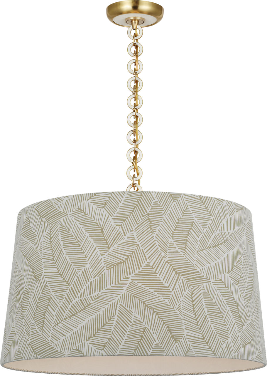 Evelyn 25" Hanging Shade in Hand-Rubbed Antique Brass and White Oak with Schumacher Taupe Abstract Leaf Shade