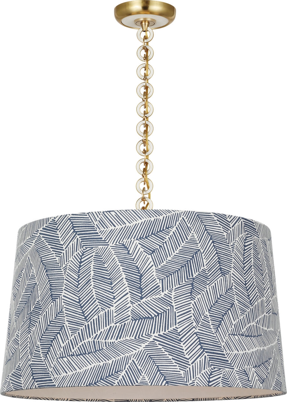 Evelyn 25" Hanging Shade in Hand-Rubbed Antique Brass and White Oak with Schumacher Navy Abstract Leaf Shade