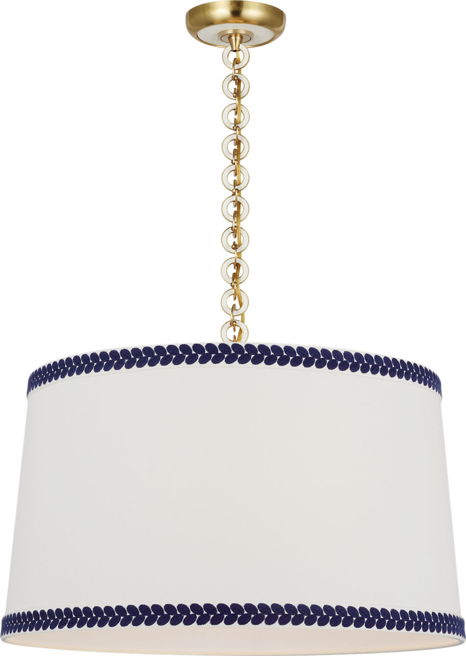 Evelyn 25" Hanging Shade in Hand-Rubbed Antique Brass and White Oak with Linen Shade and Schumacher Blue Berkeley Tape