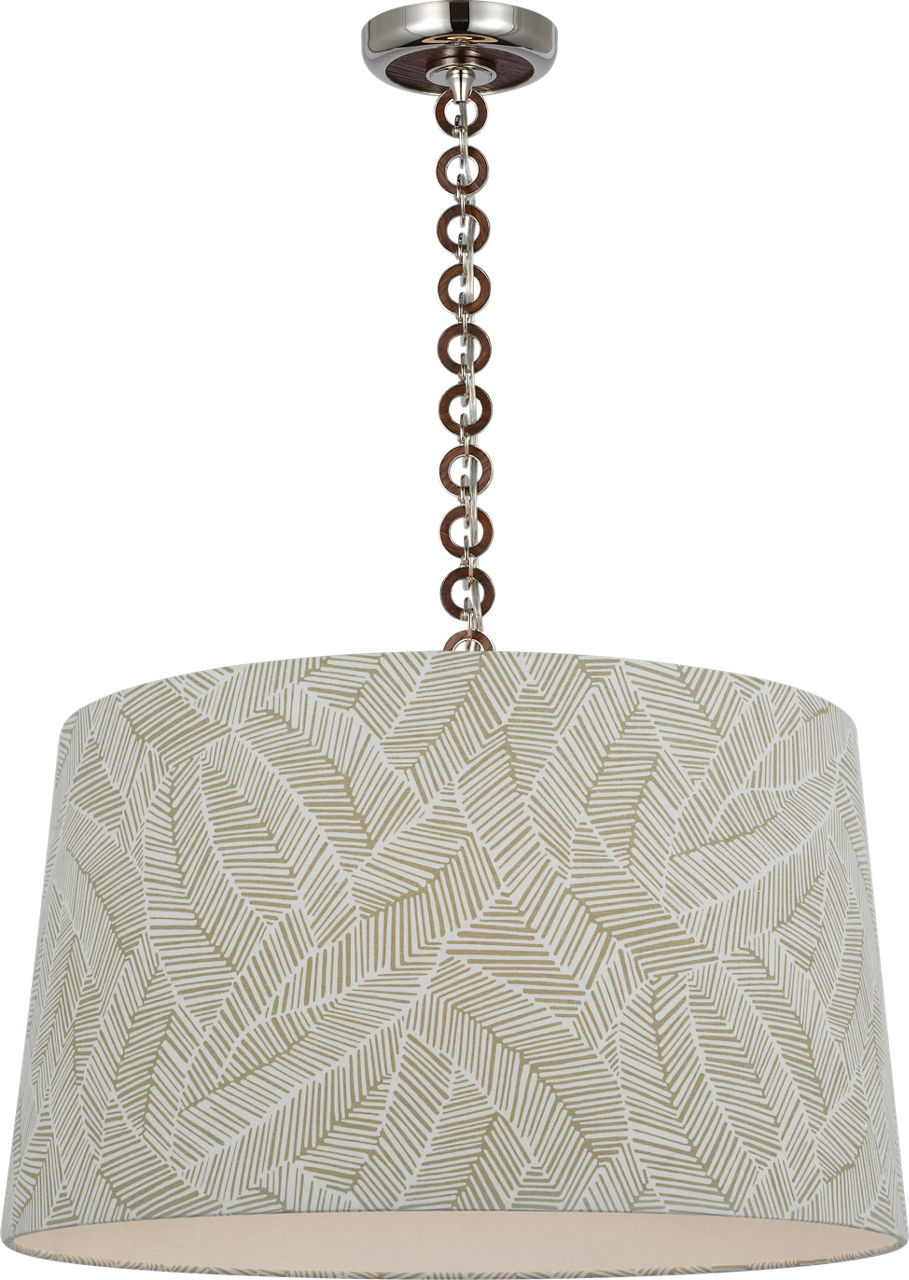 Evelyn 25" Hanging Shade in Polished Nickel and Natural Oak with Schumacher Taupe Abstract Leaf Shade