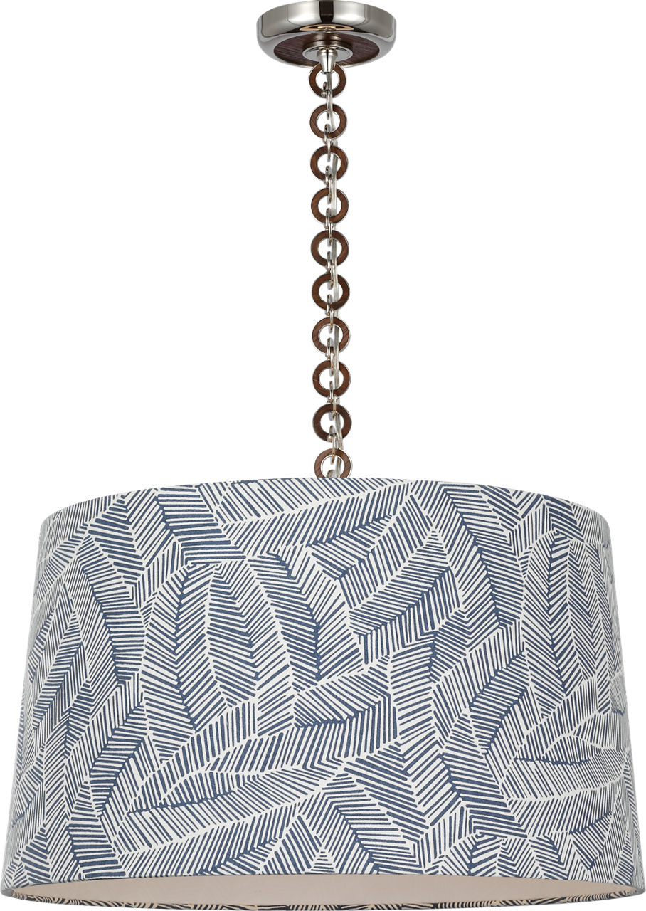 Evelyn 25" Hanging Shade in Polished Nickel and Natural Oak with Schumacher Navy Abstract Leaf Shade