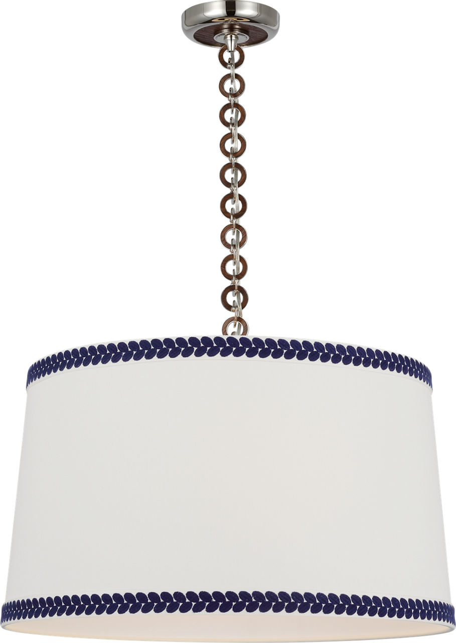 Evelyn 25" Hanging Shade in Polished Nickel and Natural Oak with Linen Shade and Schumacher Blue Berkeley Tape