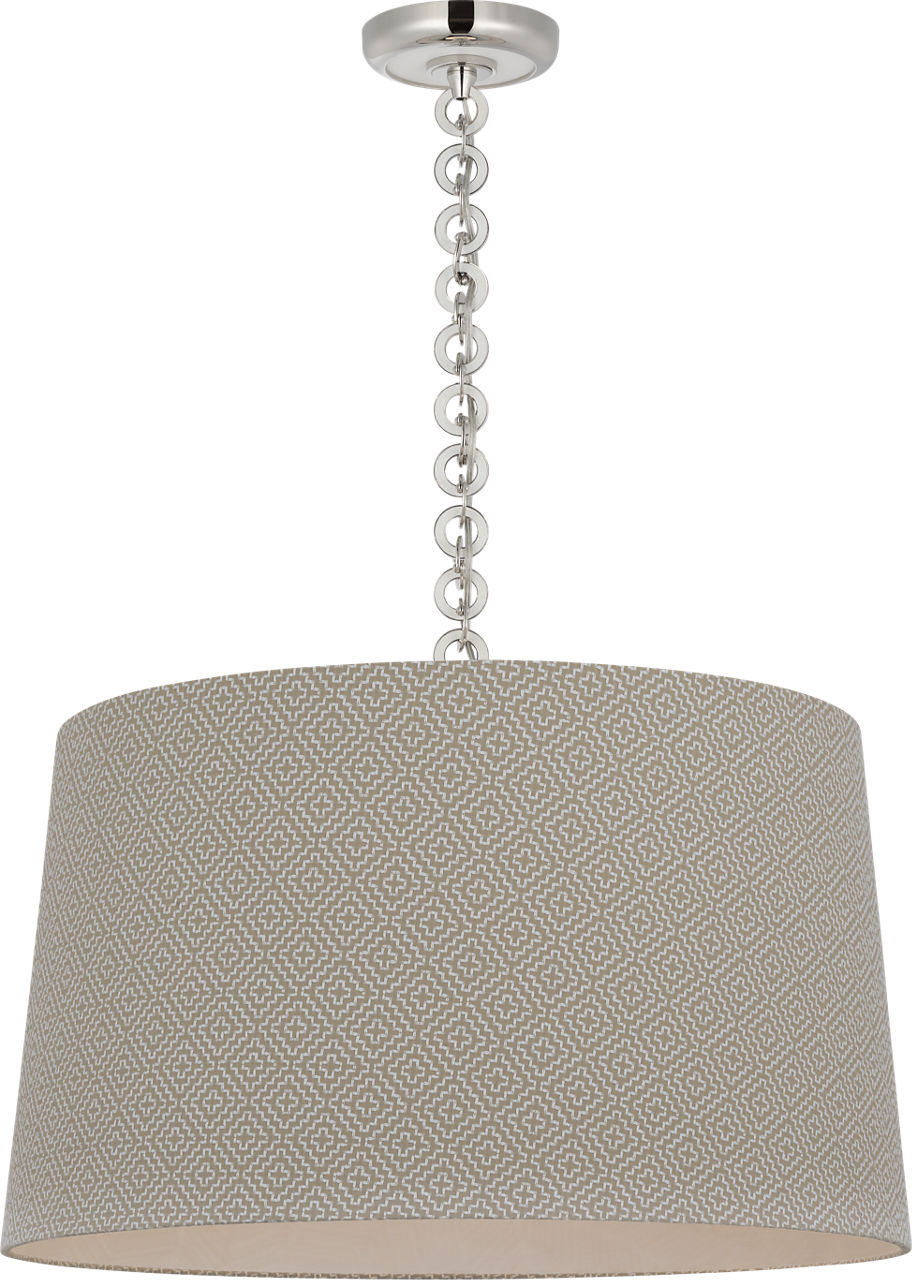 Evelyn 25" Hanging Shade in Polished Nickel and White Oak with Schumacher Dove Soho Weave Shade