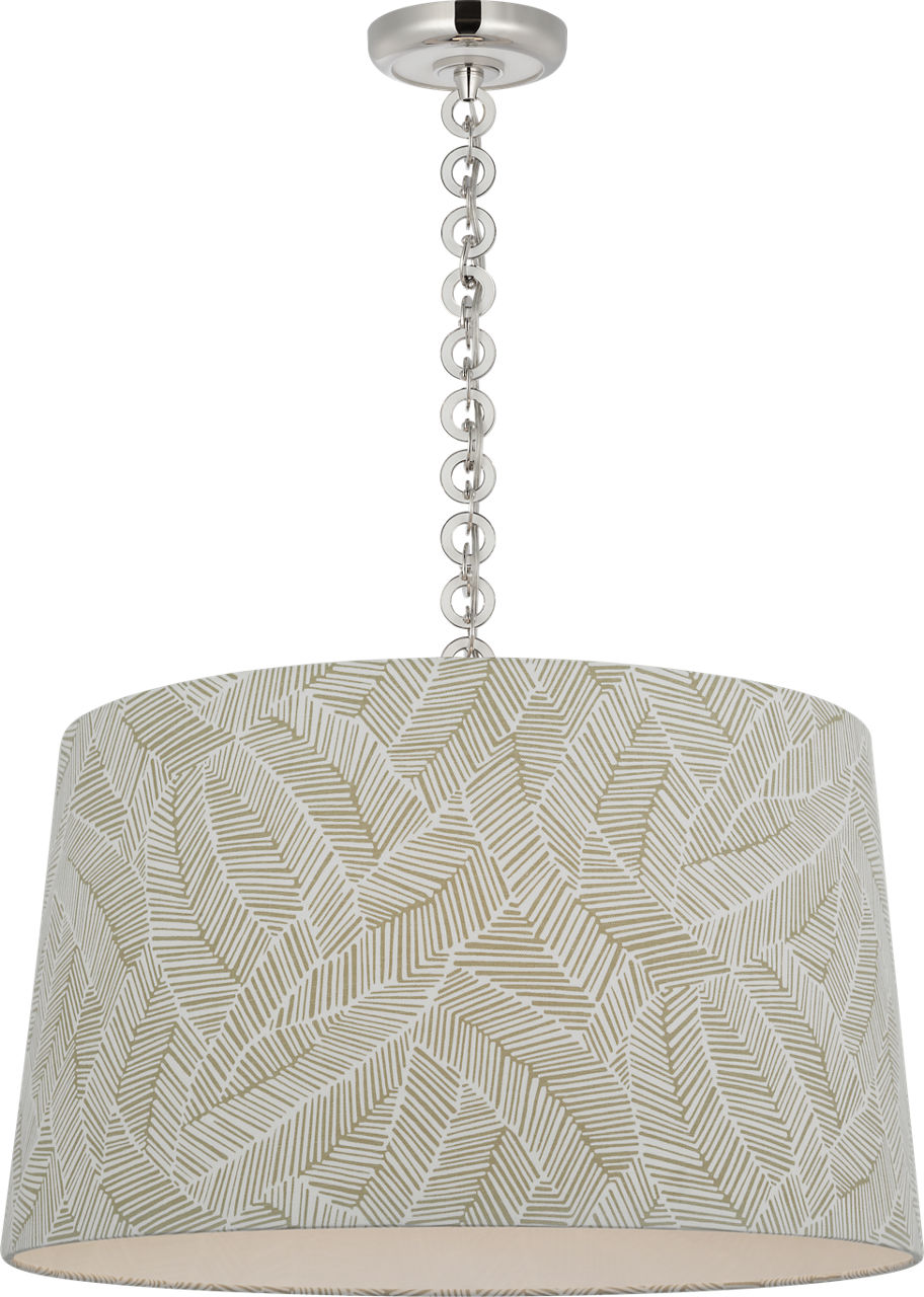 Evelyn 25" Hanging Shade in Polished Nickel and White Oak with Schumacher Taupe Abstract Leaf Shade