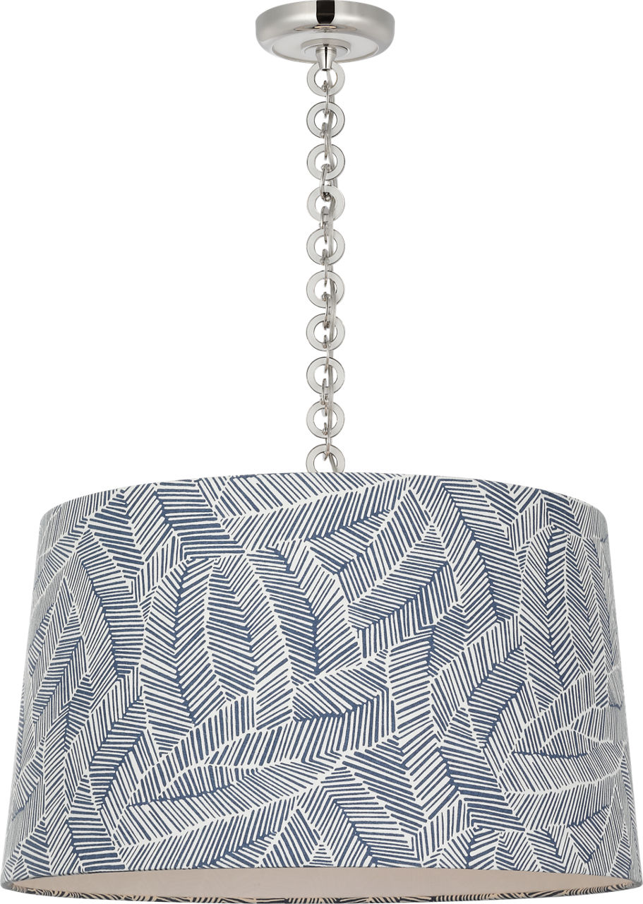 Evelyn 25" Hanging Shade in Polished Nickel and White Oak with Schumacher Navy Abstract Leaf Shade