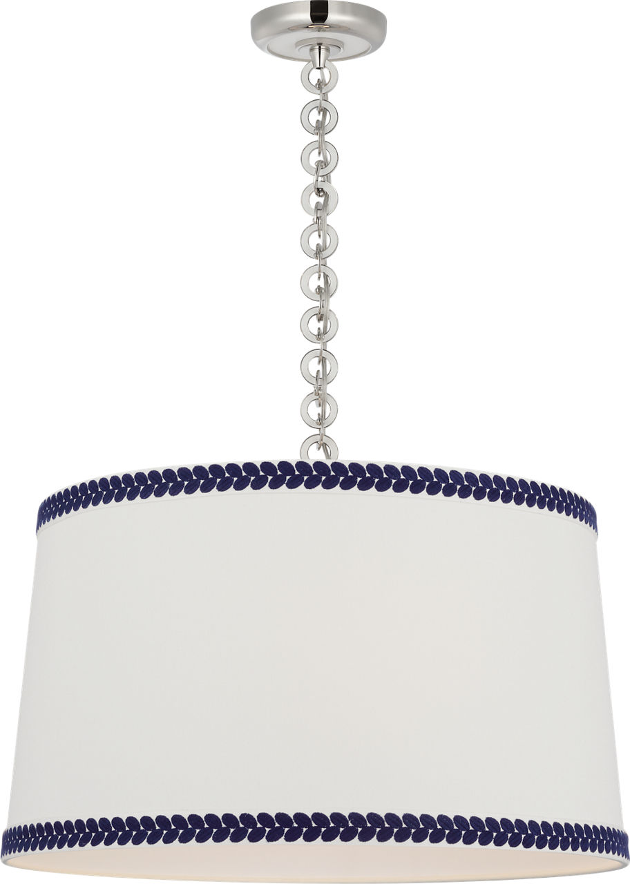 Evelyn 25" Hanging Shade in Polished Nickel and White Oak with Linen Shade and Schumacher Blue Berkeley Tape