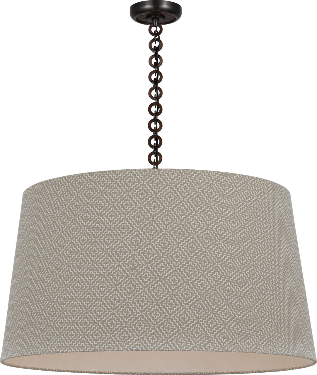 Evelyn 33" Hanging Shade in Bronze and Natural Oak with Schumacher Dove Soho Weave Shade