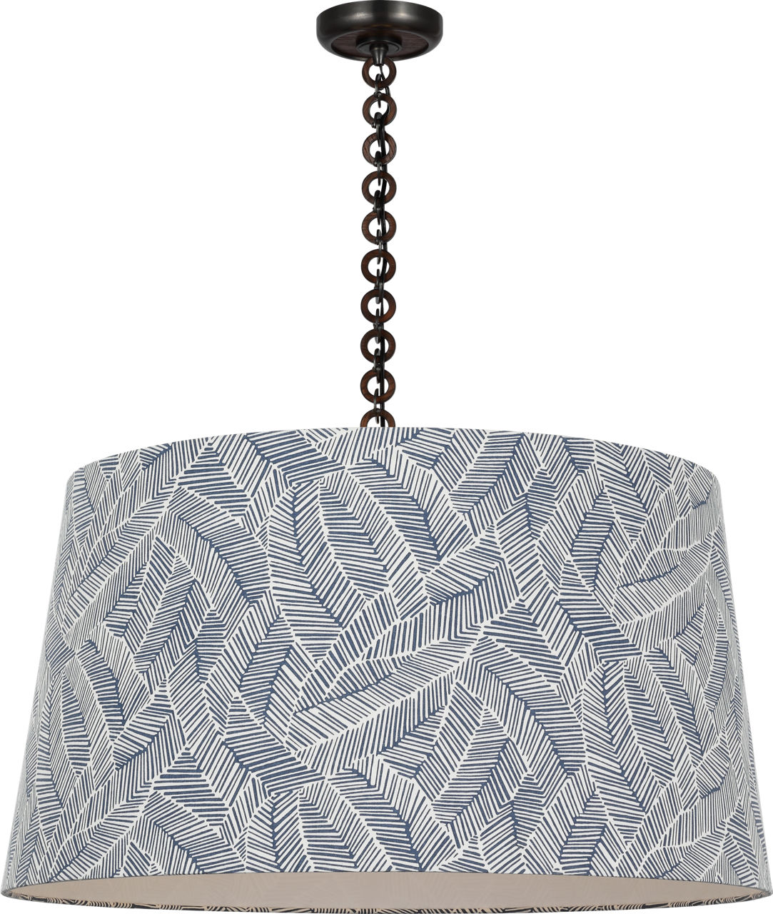 Evelyn 33" Hanging Shade in Bronze and Natural Oak with Schumacher Navy Abstract Leaf Shade