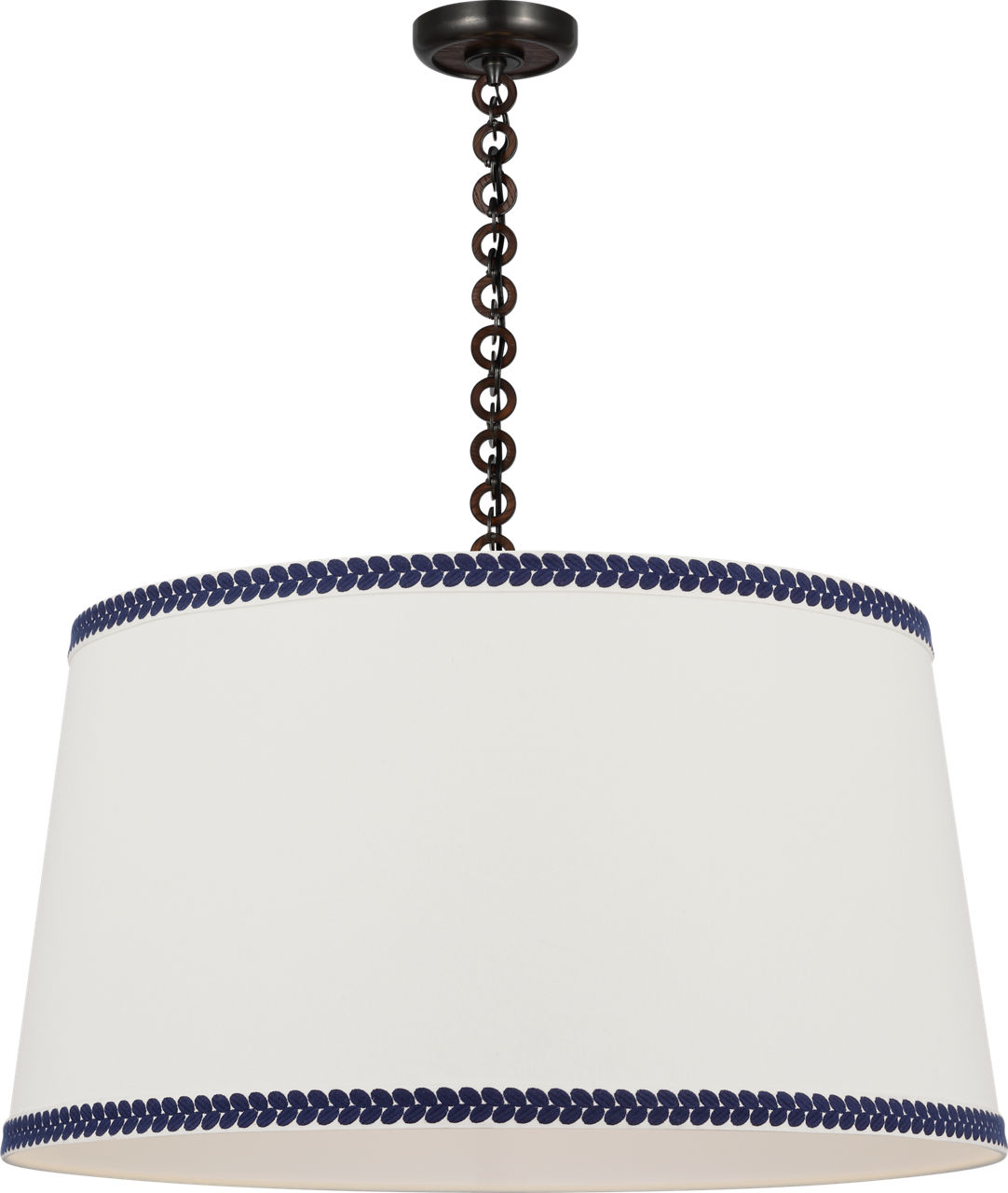 Evelyn 33" Hanging Shade in Bronze and Natural Oak with Linen Shade and Schumacher Blue Berkeley Tape