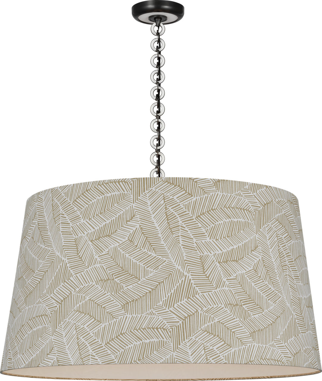 Evelyn 33" Hanging Shade in Bronze and White Oak with Schumacher Taupe Abstract Leaf Shade