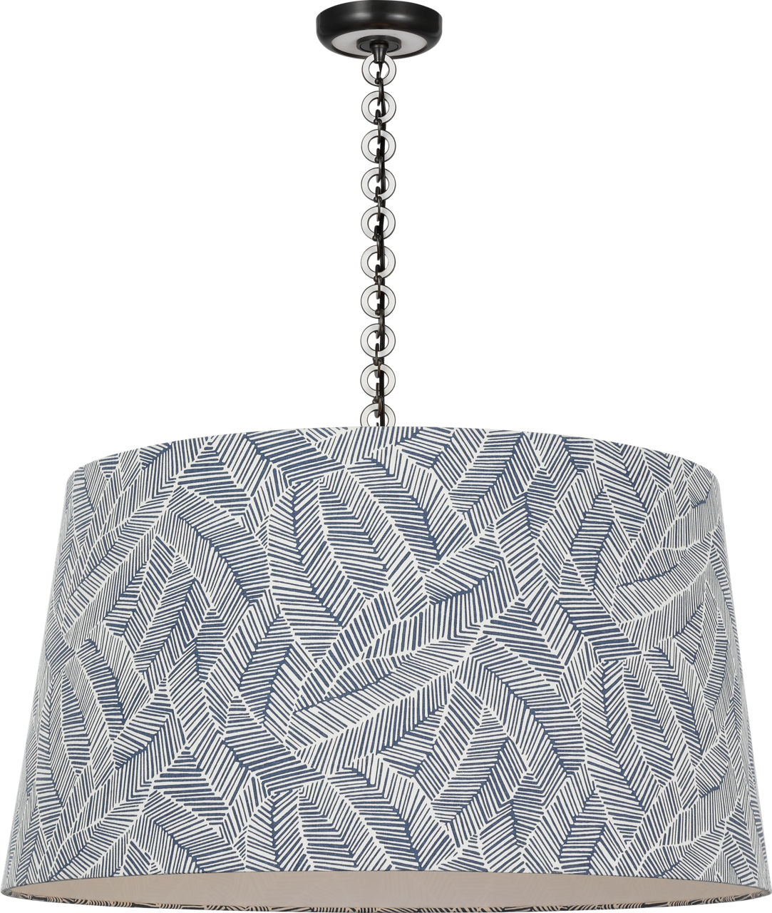 Evelyn 33" Hanging Shade in Bronze and White Oak with Schumacher Navy Abstract Leaf Shade