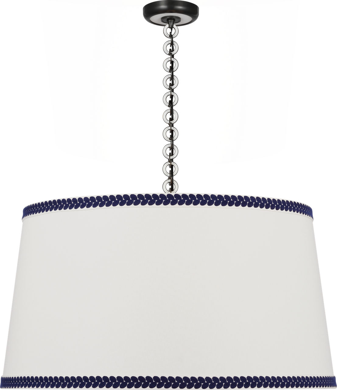 Evelyn 33" Hanging Shade in Bronze and White Oak with Linen Shade and Schumacher Blue Berkeley Tape