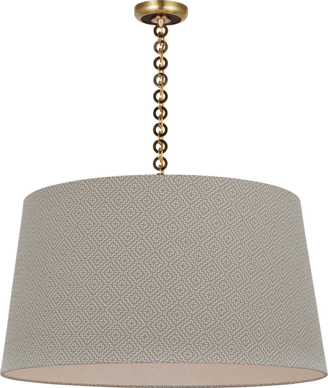 Evelyn 33" Hanging Shade in Hand-Rubbed Antique Brass and Natural Oak with Schumacher Dove Soho Weave Shade