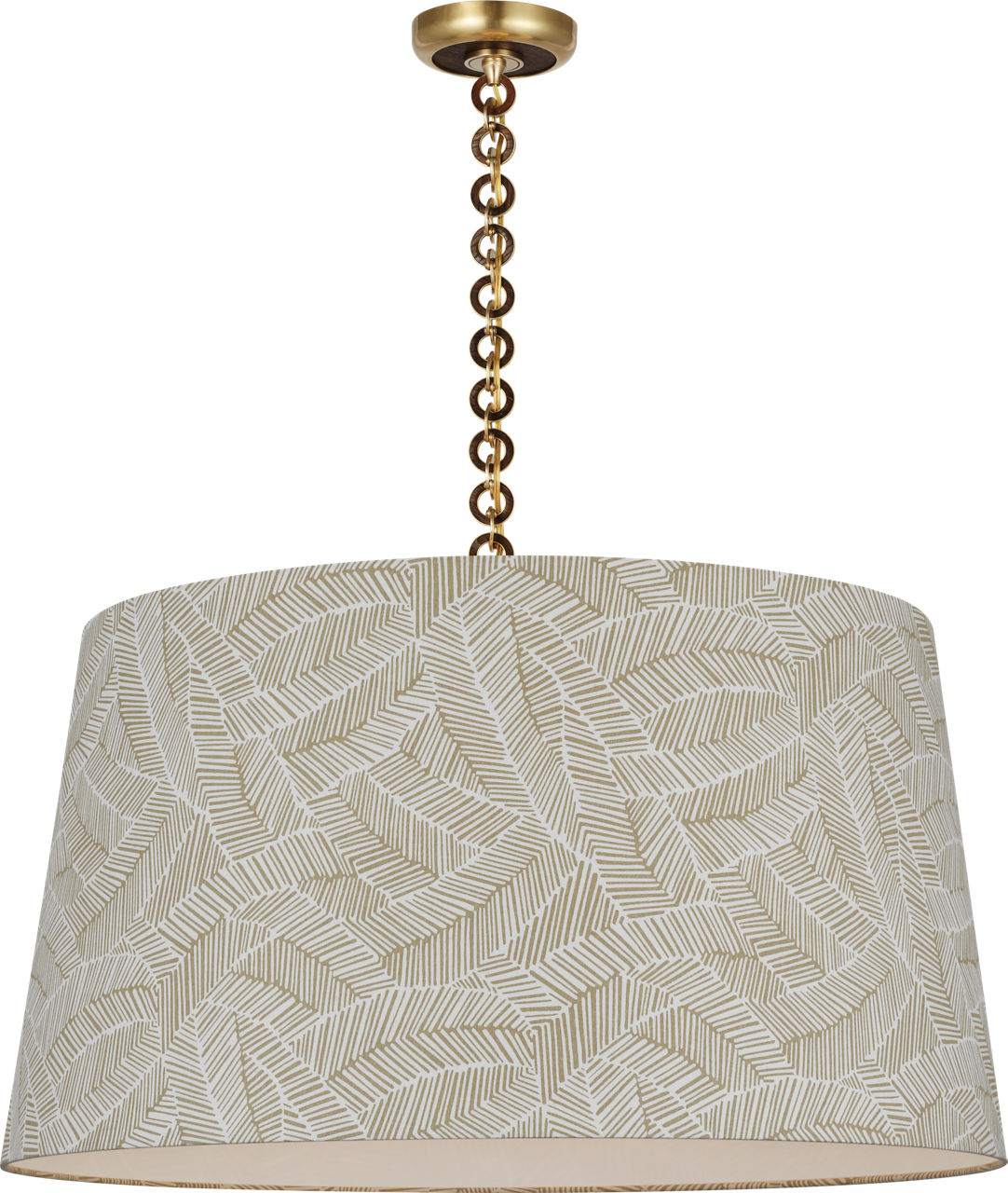 Evelyn 33" Hanging Shade in Hand-Rubbed Antique Brass and Natural Oak with Schumacher Taupe Abstract Leaf Shade