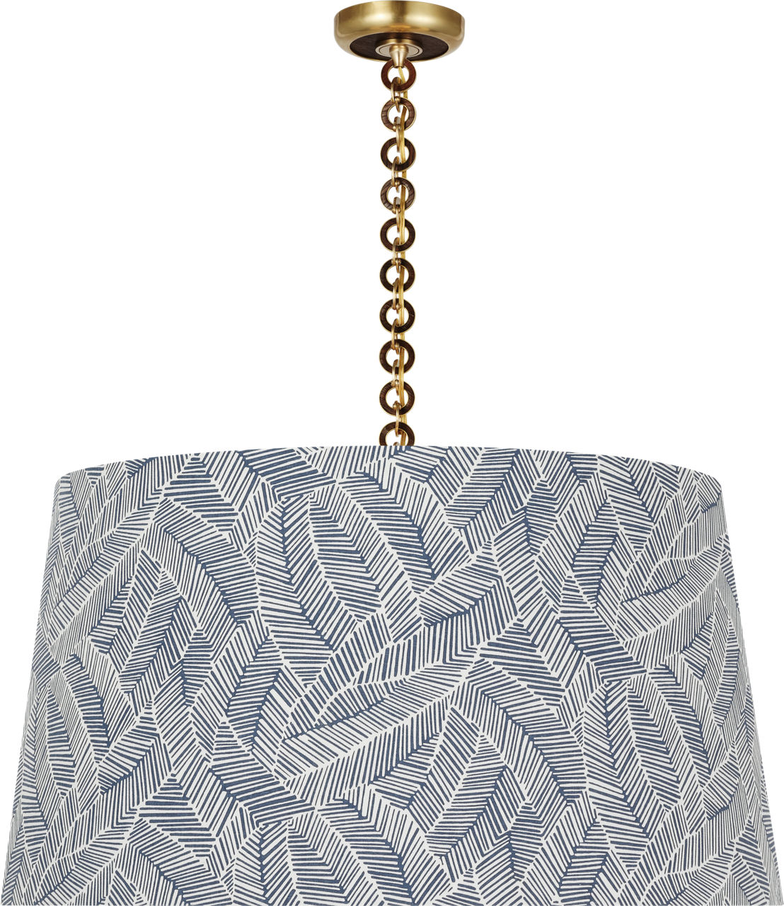 Evelyn 33" Hanging Shade in Hand-Rubbed Antique Brass and Natural Oak with Schumacher Navy Abstract Leaf Shade